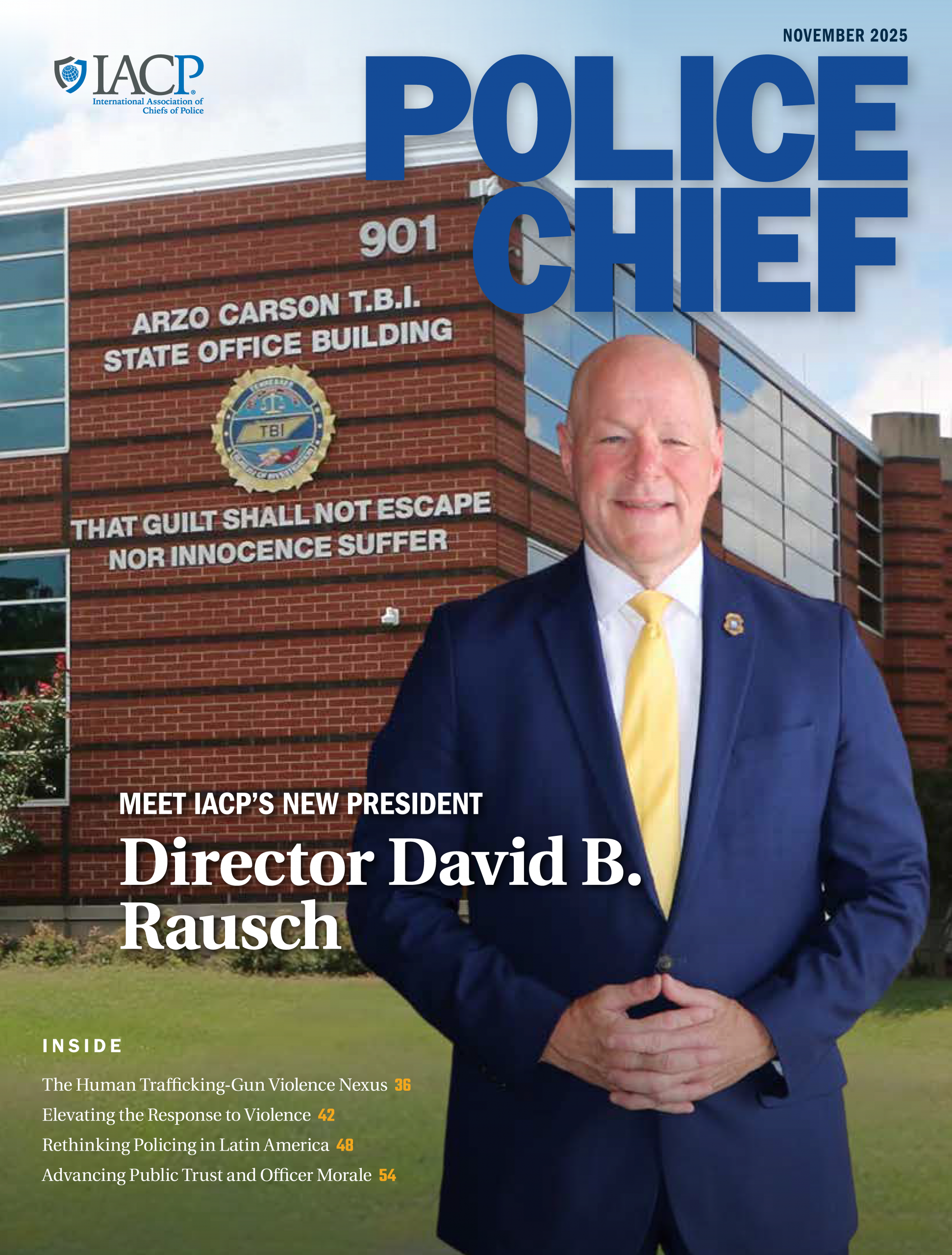 Police Chief magazine cover showing person in blue suit with yellow tie standing before TBI State Office Building brick facade with seal, motto, and address