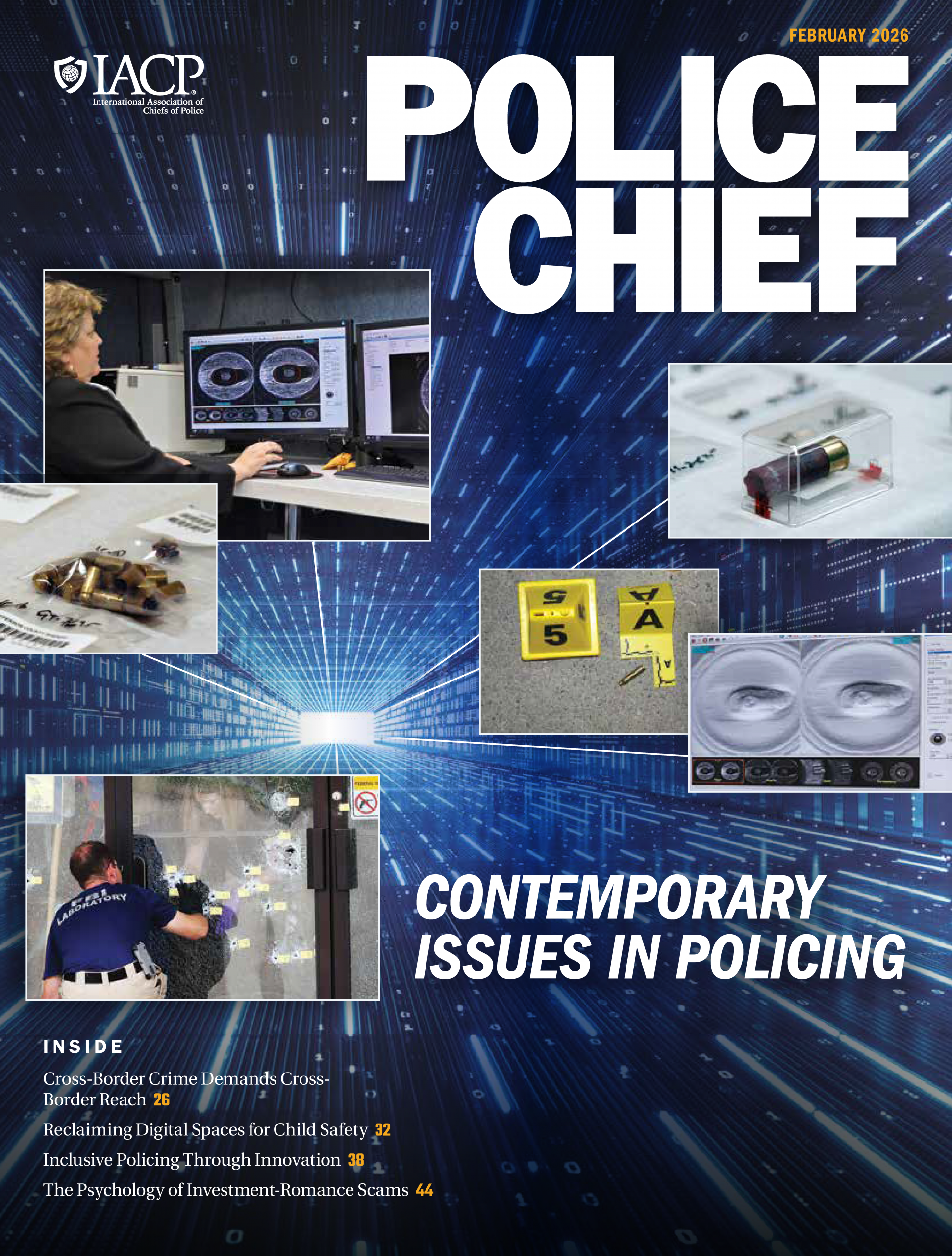 Magazine cover showing forensic images, crime‑scene markers, ballistic evidence, and officers at work over a digital blue grid background titled “Police Chief.”