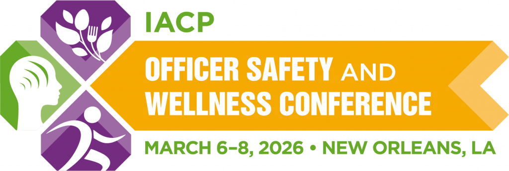 The image is a banner for the IACP Officer Safety and Wellness Conference. It features a colorful design with three main sections. On the left, there are two icons: one of a head with lines representing thoughts or communication, and another of a person running. In the center, there is an orange and yellow arrow-shaped section with white text that reads "OFFICER SAFETY AND WELLNESS CONFERENCE." Above this section, in green text, it says "IACP." Below this section, in green text on a white background, it states "MARCH 6-8, 2026 NEW ORLEANS, LA."