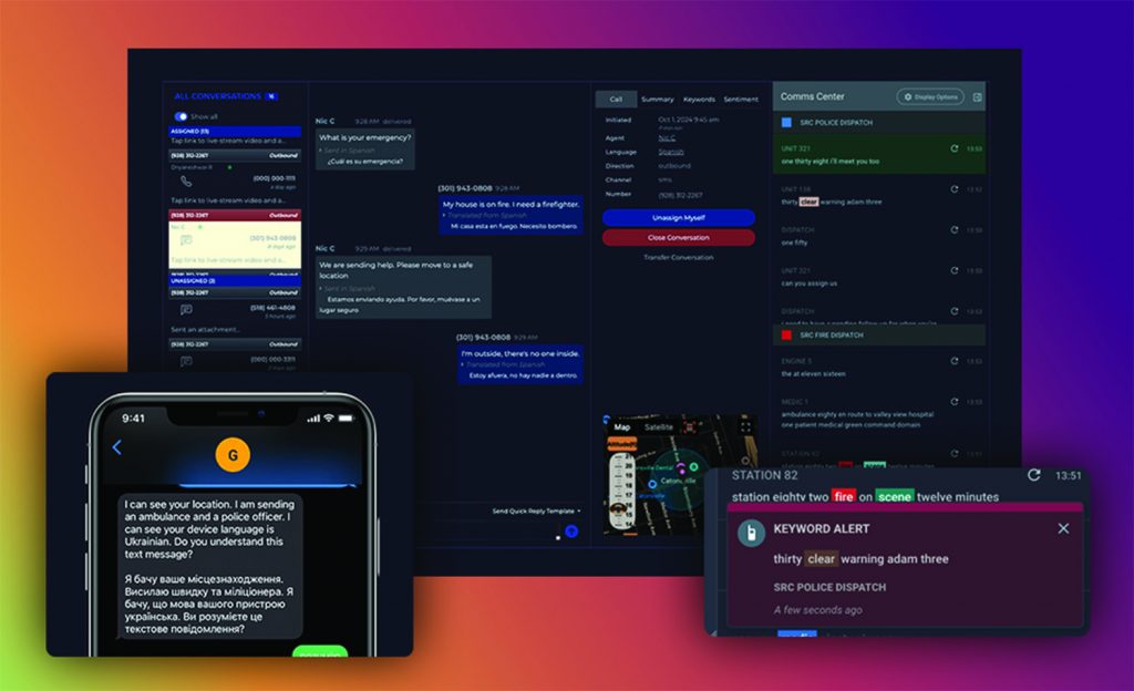 a multi-device interface used for law enforcement communication and dispatch. The background features a large computer screen displaying various chat windows, maps, and alerts. On the left side of the screen, there is a close-up of a smartphone showing a text conversation in multiple languages. At the bottom right corner, there is an alert notification with text: "KEYWORD ALERT thirty clear warning adam three SICK POLICE DISPATCH A few seconds ago." The overall color scheme includes dark backgrounds with highlighted texts in white, blue, red, and green.