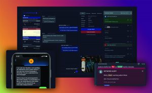 a multi-device interface used for law enforcement communication and dispatch. The background features a large computer screen displaying various chat windows, maps, and alerts. On the left side of the screen, there is a close-up of a smartphone showing a text conversation in multiple languages. At the bottom right corner, there is an alert notification with text: "KEYWORD ALERT thirty clear warning adam three SICK POLICE DISPATCH A few seconds ago." The overall color scheme includes dark backgrounds with highlighted texts in white, blue, red, and green.