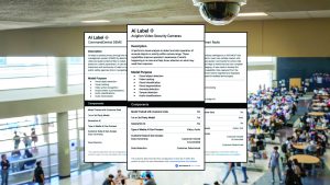 Three AI product cards—CommandCentral DEMS, Avigilon Cameras, Smart Radio—overlay a busy indoor public space with people and tables
