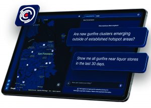 Tablet displays an AI crime-analysis platform with San Francisco map, conversation panel, logo icon, and prompts querying gunfire clusters and recent shootings near liquor stores