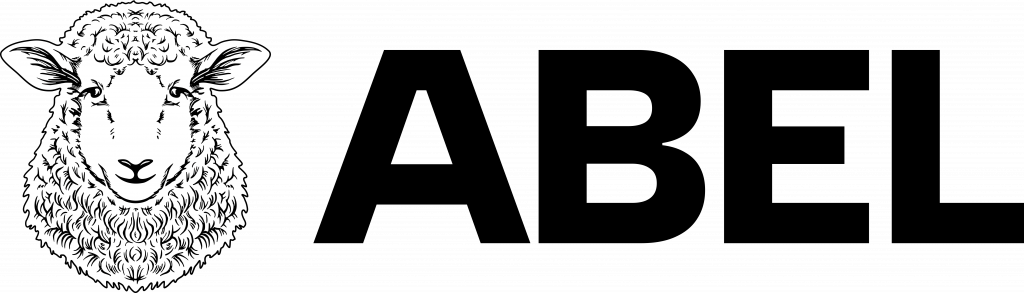 Black-and-white image of sheep’s head with textured wool on left; bold, uppercase black 'ABEL' text on right; clean, minimalistic layout