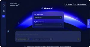 Dark interface shows AI case tool with ‘Gemini 3 Flash’ model, central panel for selecting cases and sources, navigation icons, and ‘Artifacts’ feature