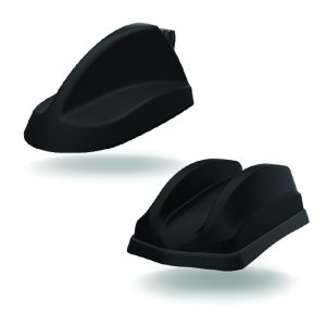 Two black aerodynamic roof-mounted antennas shown on a white background, featuring sleek curved designs with smooth surfaces and integrated mounting bases.