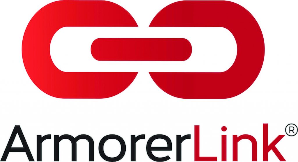 Red stylized chain‑link symbol appears above the ArmorerLink wordmark, with gray ‘Armorer’ text, red ‘Link’ text, and a registered trademark symbol