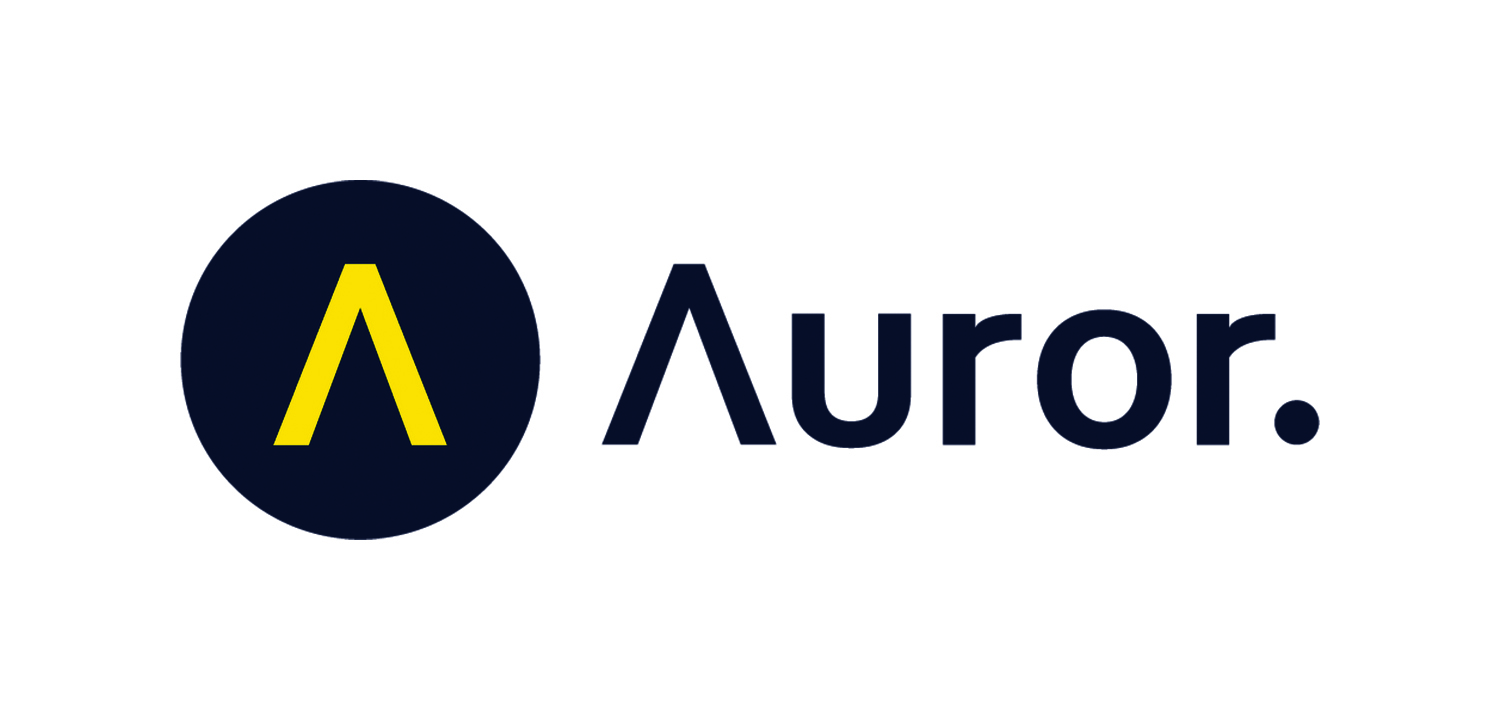 Auror logo featuring yellow upward arrow in dark gray circle, followed by black text 'Auror.' on white background; clean and minimal design