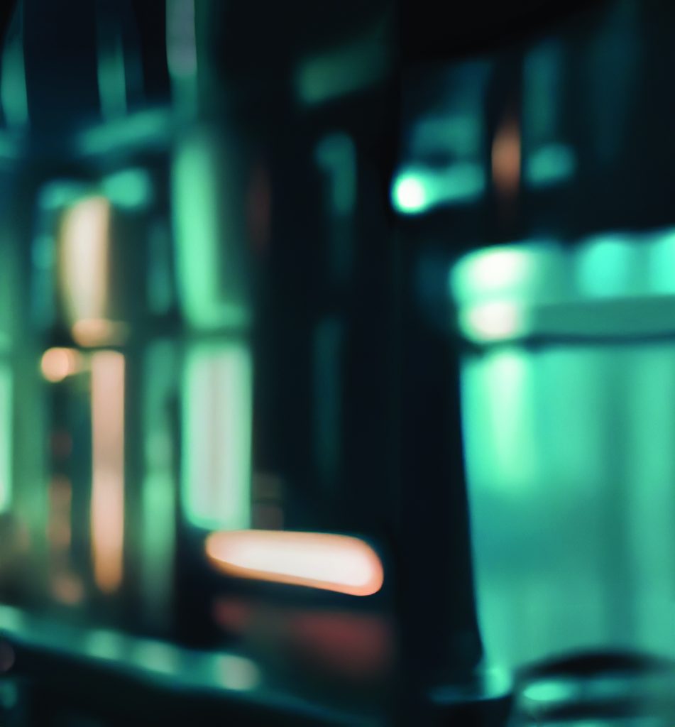 Abstract image with teal and orange hues, showing reflections and light patterns on metallic surfaces; evokes futuristic, high-tech ambiance