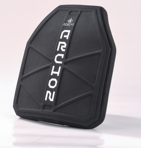 Black ballistic plate with textured surface, angular ridges, and bold white “ARCHON” lettering vertically centered; Adept logo at top