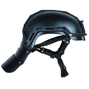 Black ballistic helmet with matte finish, side rails, adjustable chin straps, and detachable visor attachment, shown in profile against white background