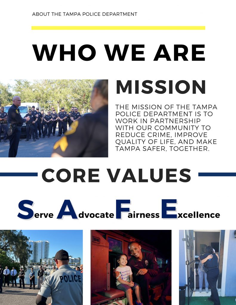 Poster showing Tampa Police mission, officers gathered outdoors, core values, and photos of police at waterfront, in vehicle, and offering community support.