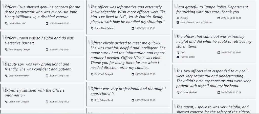 Grid of community feedback cards showing positive comments about officers, each with icons for incident type and date, displayed in a clean testimonial layout.