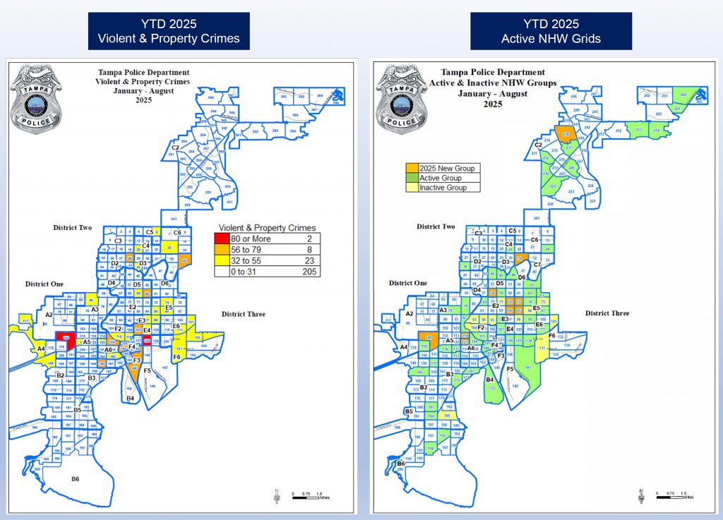“Two Tampa Police maps show 2025 crime counts and NHW grid activity using colored zones across three districts with legends for crime levels and group status.”