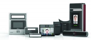Biometric security devices displayed on a white background, including iris scanners, facial recognition terminals, cameras, monitors, and access‑control modules arranged in a product lineup.