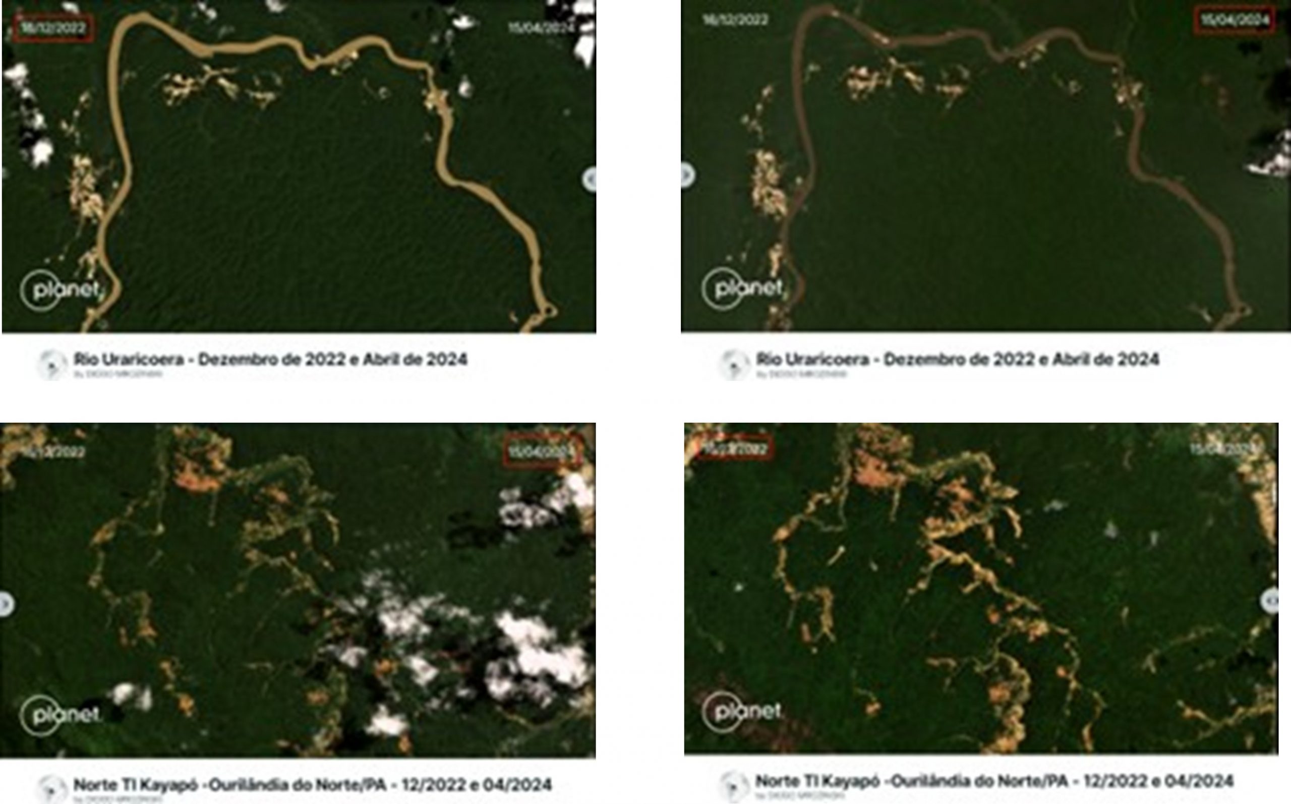 Satellite comparison images showing forested areas near Rio Uraricoera and Norte TI Kayapó in Brazil, highlighting visible reductions in exposed or disturbed land between December 2022 and April 2024.