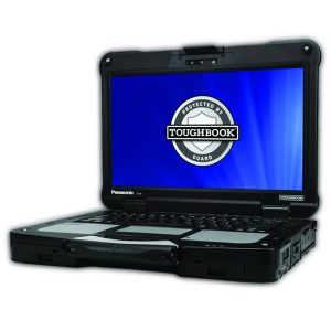 Open rugged Panasonic Toughbook laptop with black casing, gray touchpad panels, and screen showing blue background with shield logo reading ‘Protected by Toughbook Guard