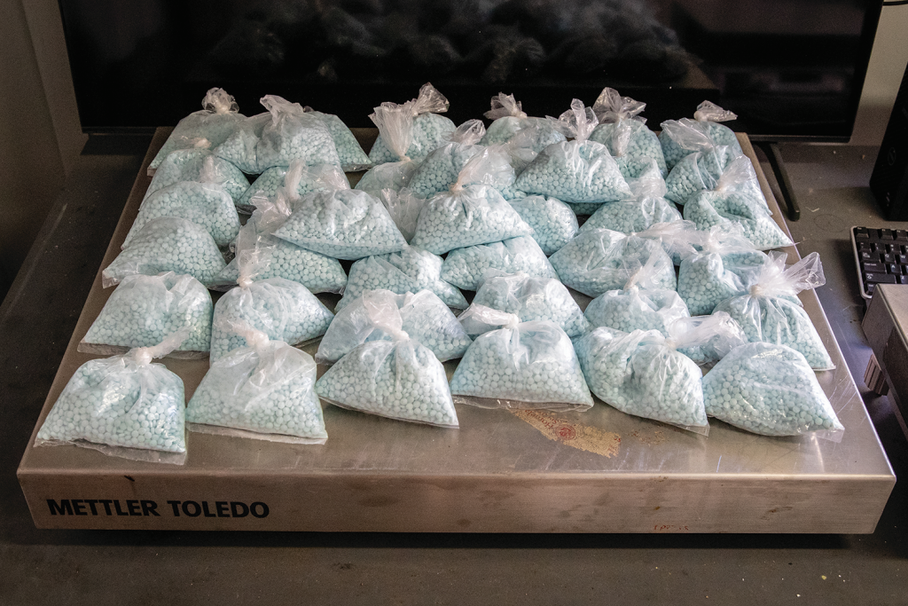 Thirty-two clear plastic bags of blue pills arranged in rows on Mettler Toledo scale; partial computer keyboard visible on right side of workspace
