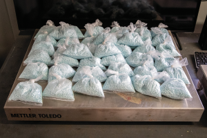 Thirty-two clear plastic bags of blue pills arranged in rows on Mettler Toledo scale; partial computer keyboard visible on right side of workspace