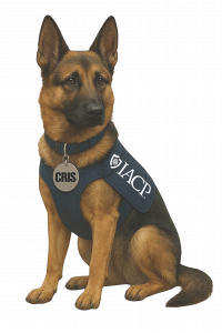 German Shepherd in blue vest with IACP badge logo and 'CRIS' collar tag sits attentively, representing law enforcement canine presence.