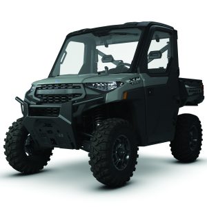 Cabbed four door off road UTV with enclosed windshield, roll cage, rugged tires, front bumper, and cargo bed shown on a white background rendering CGI