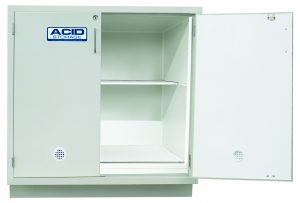 Metal acid storage cabinet with HEMCO branding shown open, featuring lockable doors, interior shelving, ventilation ports, and a clean white chemical‑resistant interior
