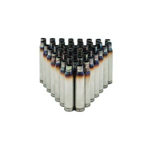 Thirty-six spent brass cartridge cases arranged in a triangular cluster on a white background, showing heat discoloration at the necks, open mouths, and extractor grooves at the bases