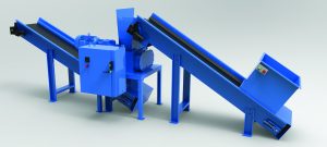 Industrial casing crusher system with blue metal housing, dual conveyor belts, electric motors, control panels, hopper intake, and discharge chute on gray