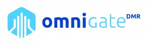 Light‑blue hexagonal communications icon with white signal pathways appears beside the Omnigate DMR wordmark in blue and cyan text on a clean white background