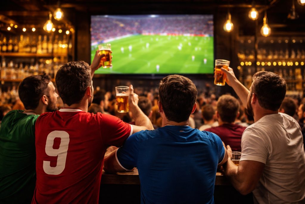 Crowded bar with patrons seated at a counter watching a soccer match on a large screen, raising pints, with shelves of bottles and warm hanging lights behind
