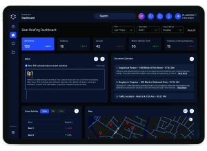 Tablet displaying a beat briefing dashboard with crime stats, BOLO alert, document summaries, activity charts, and a city map with red location markers