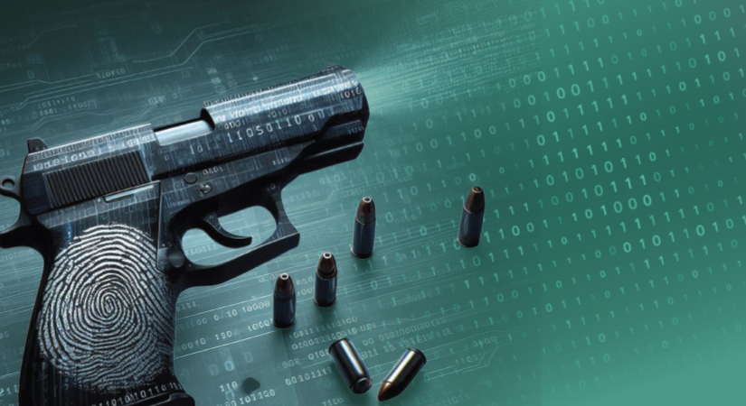 Handgun with a large fingerprint graphic on the grip lies beside scattered bullets on a digital matrix background of binary code and circuit‑style patterns.