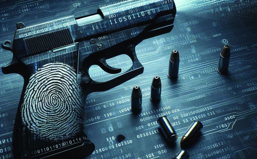 Handgun on a digital circuit-board surface with binary overlays, a fingerprint on the grip, muzzle light projecting forward, and scattered bullets around it