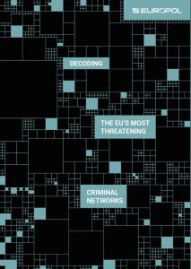 Europol cover with black and teal square grid, teal boxes displaying 'Decoding the EU's Most Threatening Criminal Networks' in bold text.
