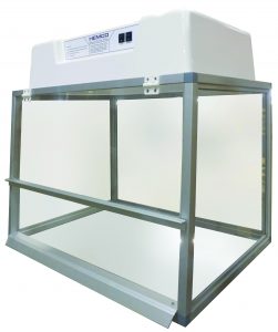 White HEMCO lab fume hood with clear front and side panels, metal frame support, and top-center control panel; designed for safe chemical handling