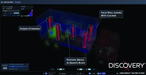 Digital scan of a truck cargo area highlighting threats; labels show human stowaway, fentanyl bricks in granite blocks, and false wall loaded with cocaine.
