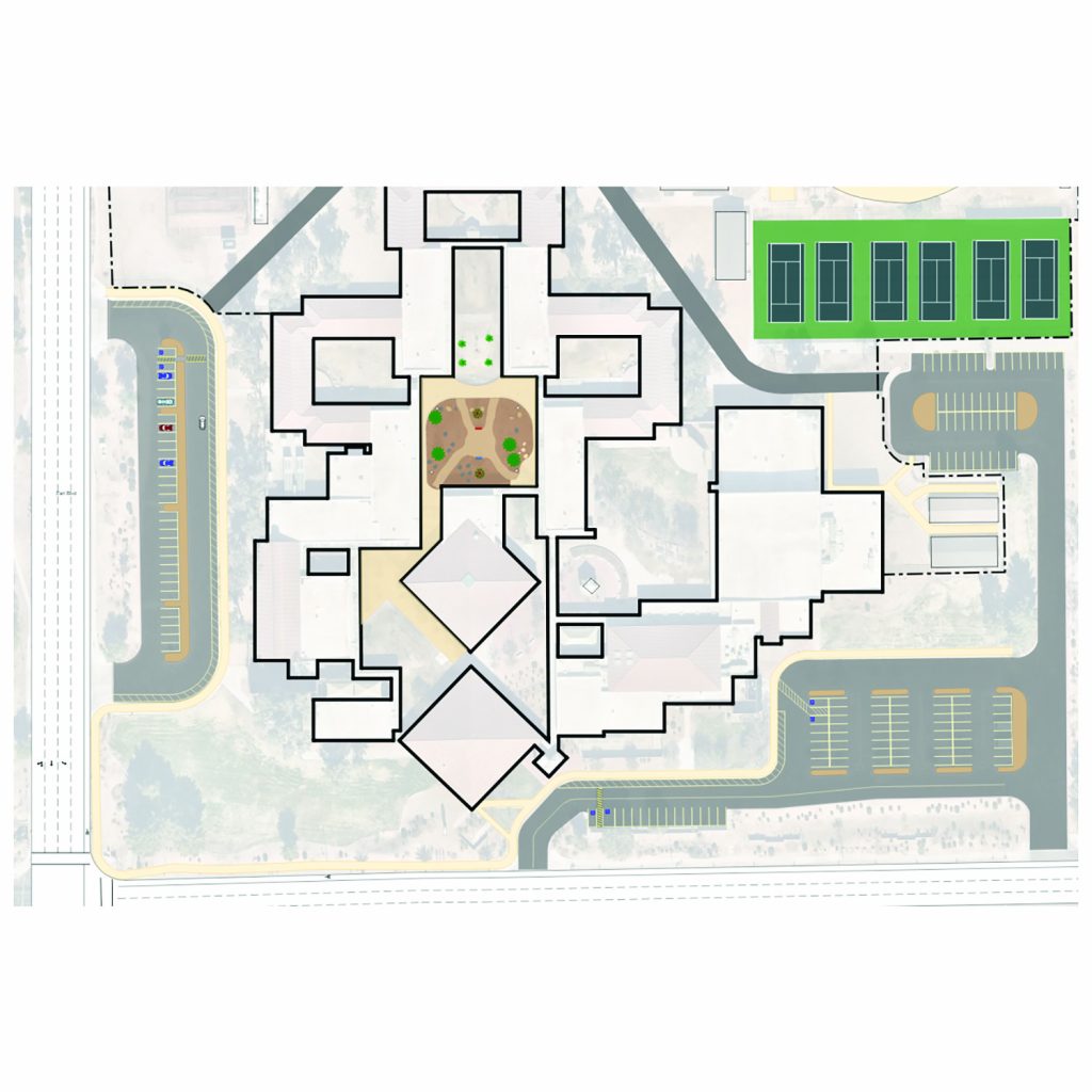 Building floor plan showing multiple connected sections, central courtyard with trees, surrounding parking lots, and tennis courts in the upper right corner