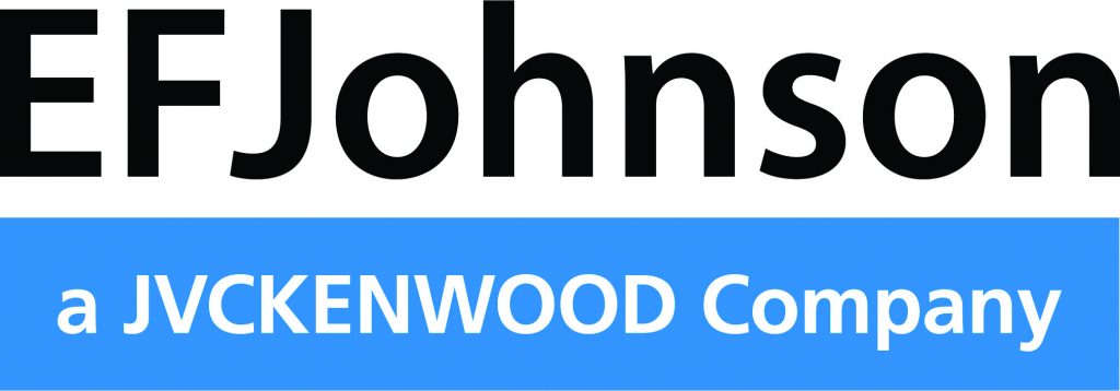 EFJohnson wordmark displayed in dark gray lettering above a blue bar reading ‘a JVCKENWOOD Company’ in white text, shown on a clean white background