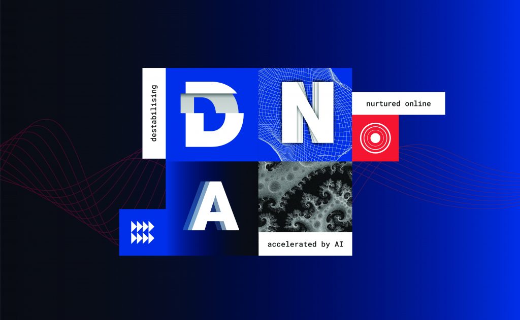 Graphic with text 'destabilizing DNA nurtured online accelerated by AI'; abstract red circles, blue/white blocks, and wave lines in background