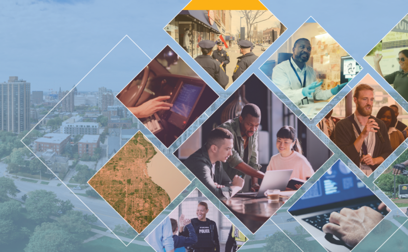 Collage of law enforcement scenes: officers on street, tech use, data analysis, maps, training, community engagement, and a bike patrol against city backdrop