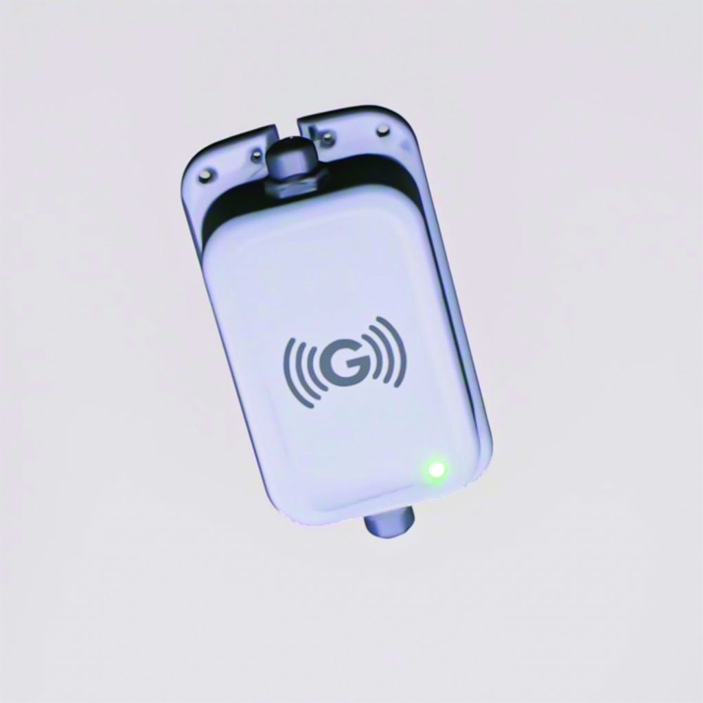 White rectangular device with 'G' logo and signal waves, mounted on metal bracket with screws; green LED at bottom right corner