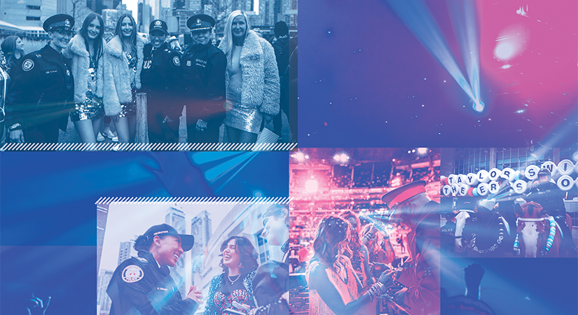 Collage of law enforcement officers with civilians in city streets and concert venues, featuring bright lights, crowds, and varied urban settings