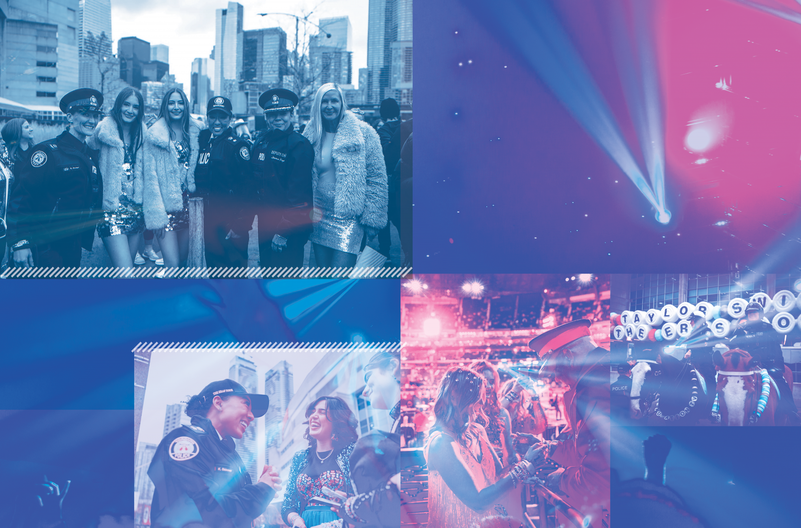 Collage of law enforcement officers with civilians in urban scenes, concert lighting, and Taylor Swift signage; all faces blurred for privacy