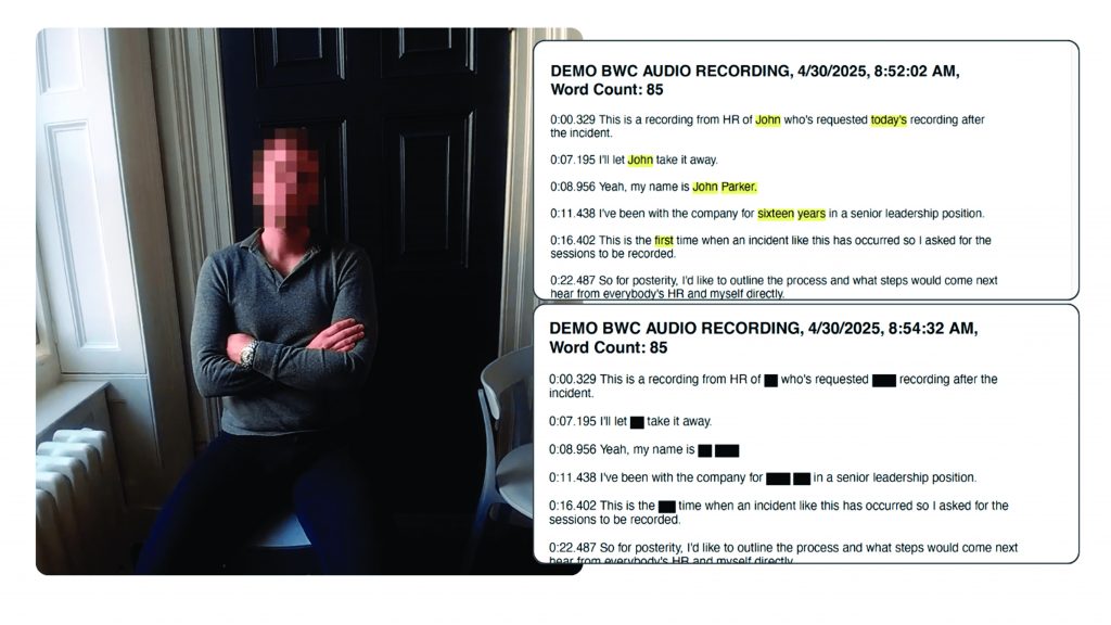 Blurred person sits with arms crossed in front of door; two text boxes show transcribed audio labeled “DEMO BWC AUDIO RECORDING” with timestamps.