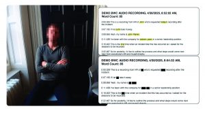 Blurred person sits with arms crossed in front of door; two text boxes show transcribed audio labeled “DEMO BWC AUDIO RECORDING” with timestamps.