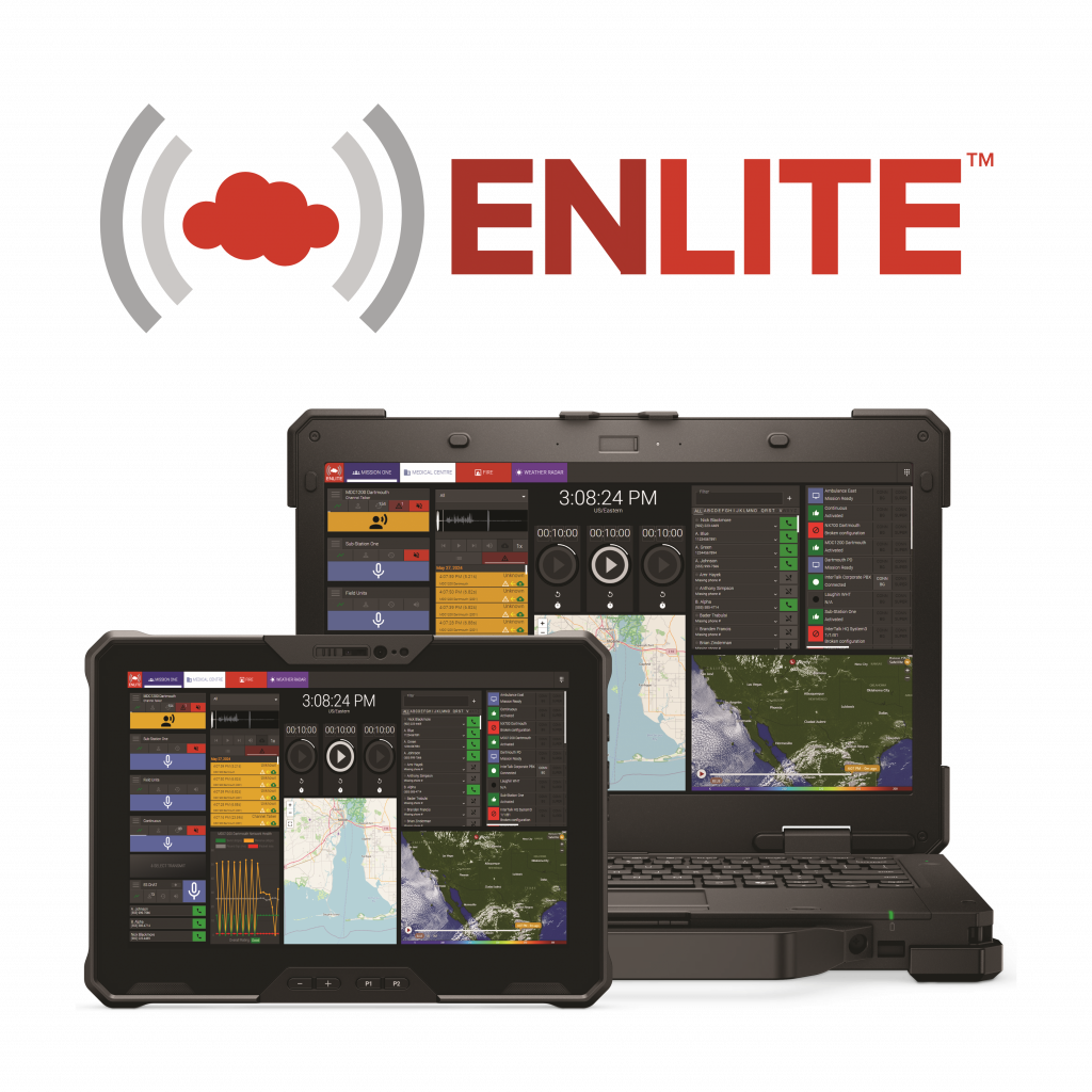 ENLITE logo above rugged tablet and laptop displays showing dispatch interface, maps, call logs, audio controls, and incident data panels on a white background