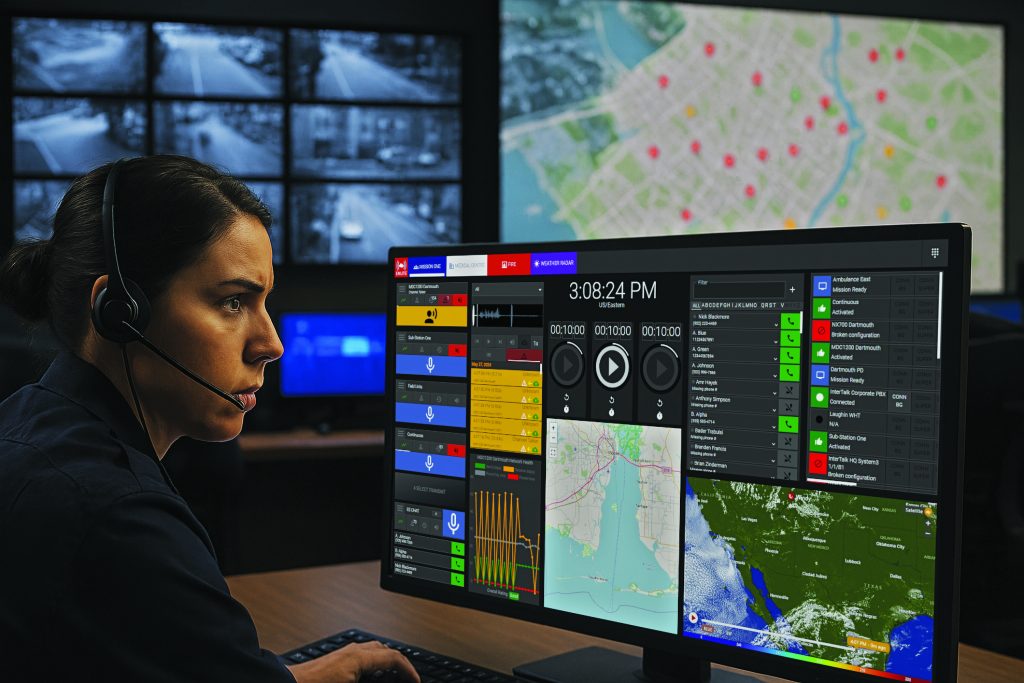 Dispatcher wearing headset monitors multi‑screen console with maps, call logs, audio controls, and live camera feeds, with large incident map display behind