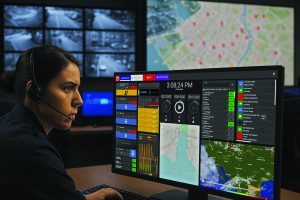 Dispatcher wearing headset monitors multi‑screen console with maps, call logs, audio controls, and live camera feeds, with large incident map display behind