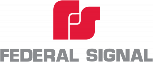 Federal Signal logo featuring red abstract 'FS' symbol above bold gray capital text reading 'FEDERAL SIGNAL' on a white background