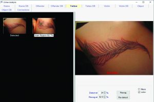 Crime analysis software interface showing tattoo recognition results with feather design, candidate match percentages, and options for detect, recognize, and filters